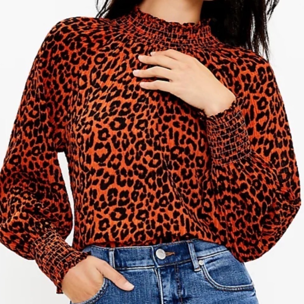 LOFT Orange and Black Leopard Print Smocked Neck Blouse